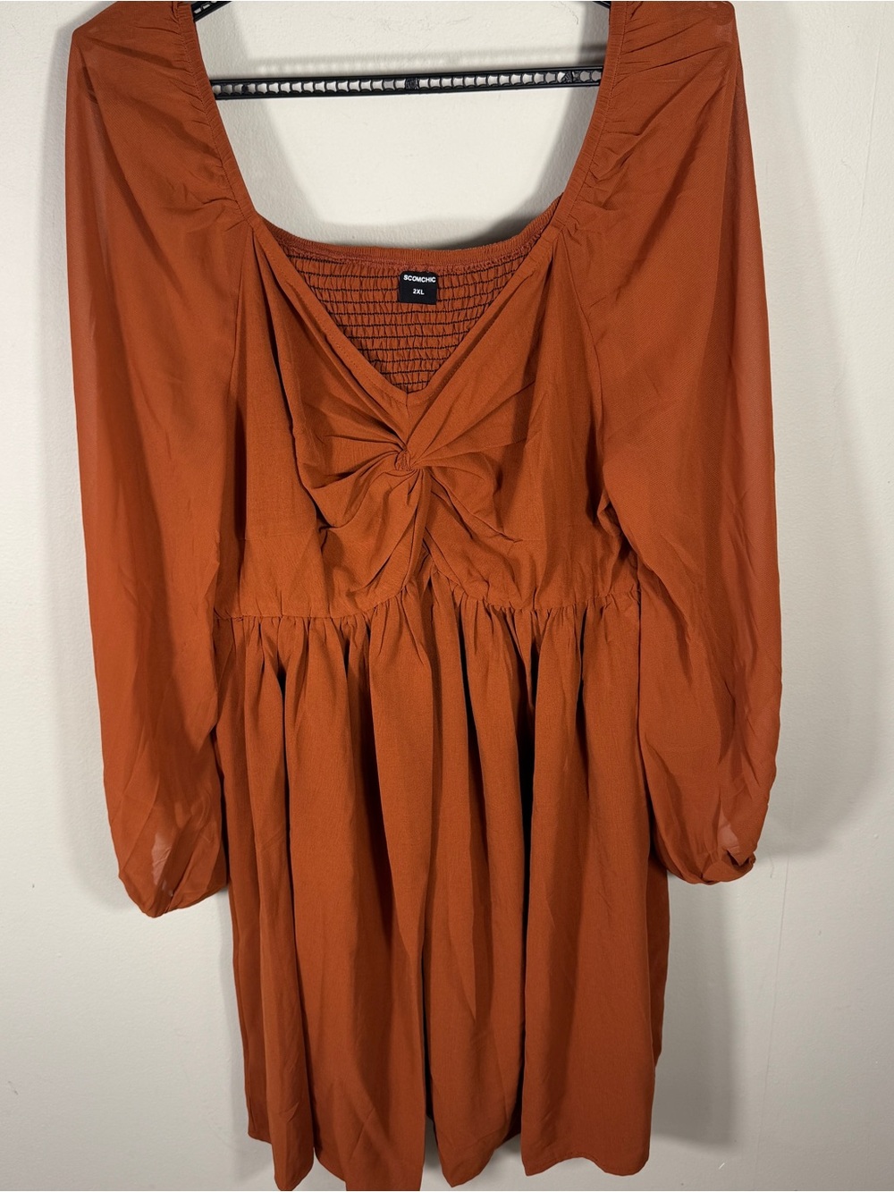 SCOMCHIC Plus Size 2XL Rust Orange Tie Front Long Sleeve Mini Dress
